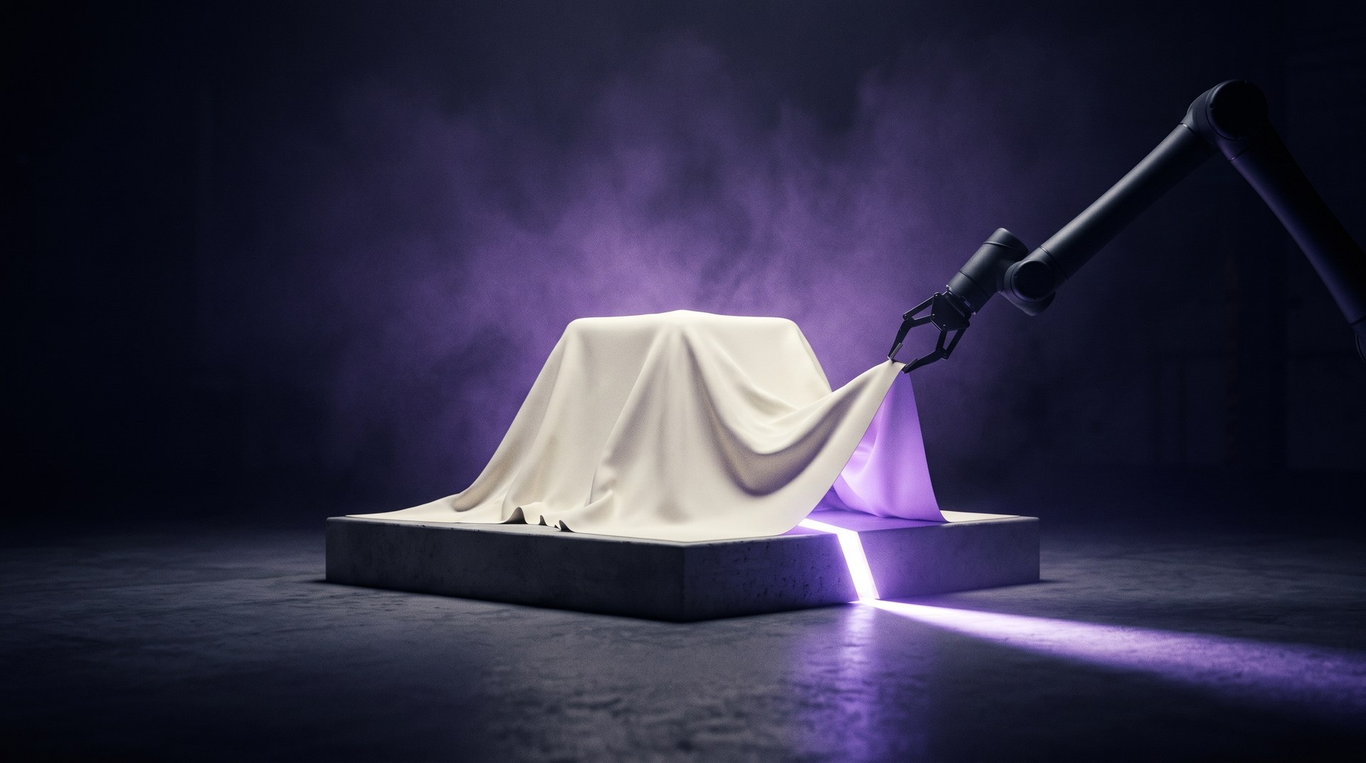 A robot arm lifts one corner of the white sheet covering the showcase. Purple light escapes through the gap.